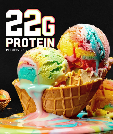 Rainbow sherbet-flavored clear protein powder with "22g protein per scoop" visible on the packaging.