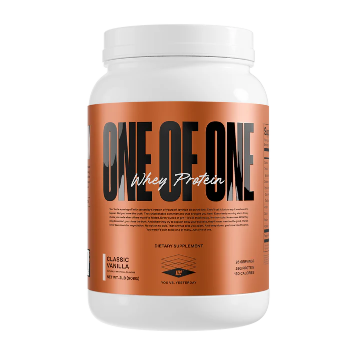 ONE OF ONE Whey Protein is packed with 25 grams of custom-formulated, high-quality protein to fuel lean muscle growth and speed up recovery.