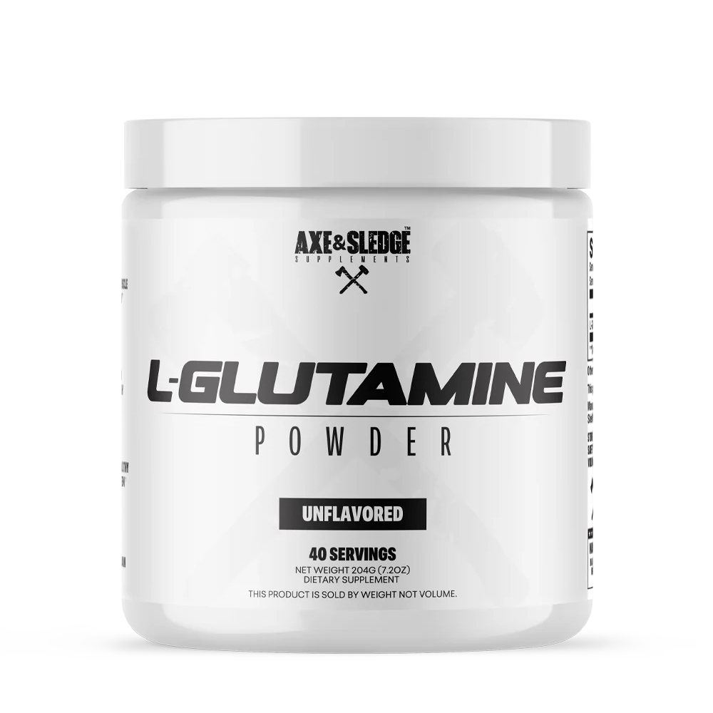 Container of L-Glutamine powder by Axx & Sledge on a white background