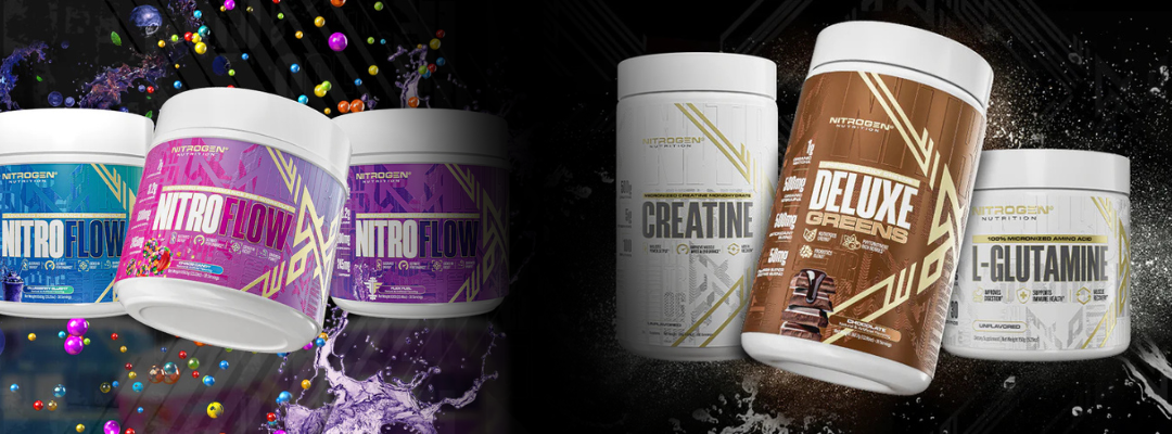 Various supplement containers with colorful labels on a dark background