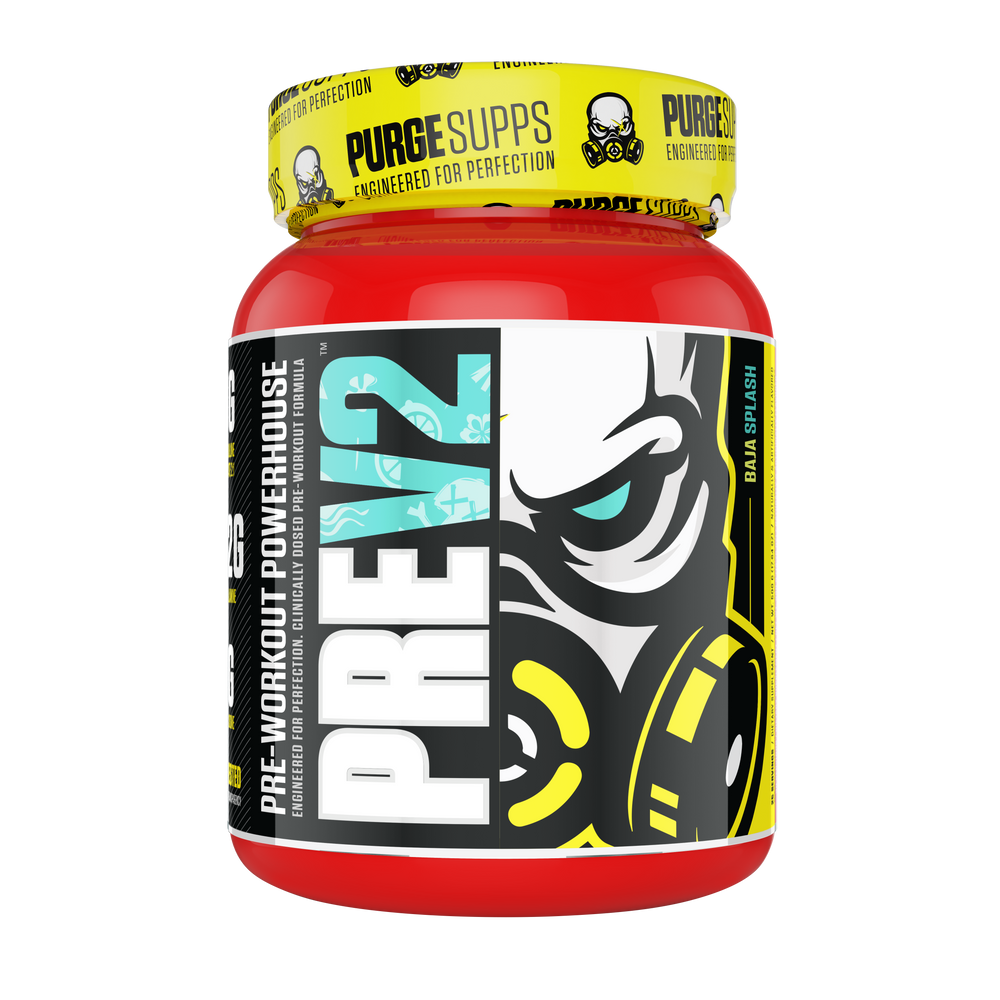 Purge PreV2 Pre Workout supplement container with clinical strength formula featuring 7g Citrulline Malate and 362mg caffeine for explosive energy and muscle pumps.