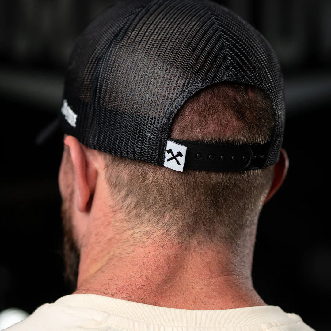 Back view of Axe & Sledge Supplements 3D Icon Hat showing adjustable strap and rear panel design