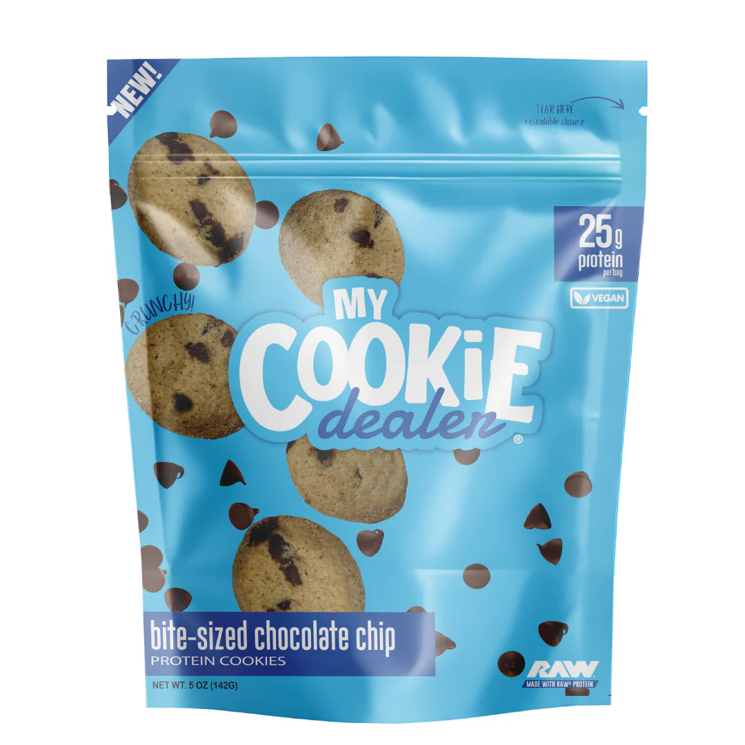 Blue packaging of 'My Cookie Dealer' bite-sized chocolate chip protein cookies on a white background