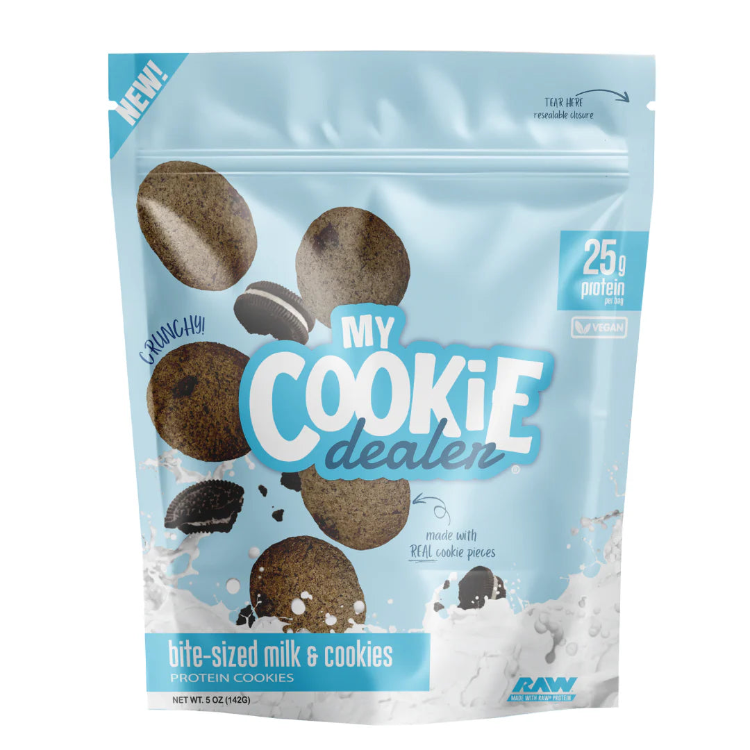 Cookie Dealer protein bites 5oz pouch front view showing crunchy bite-sized protein cookies with 25g protein per bag nutrition label.