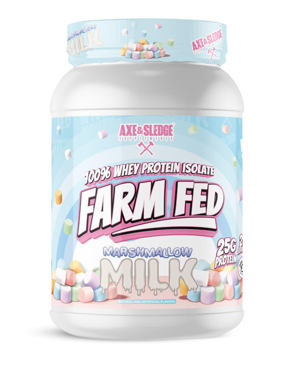 Farm Fed Protein Marshmallow Milk flavor front package showing creamy white marshmallow-themed protein powder container