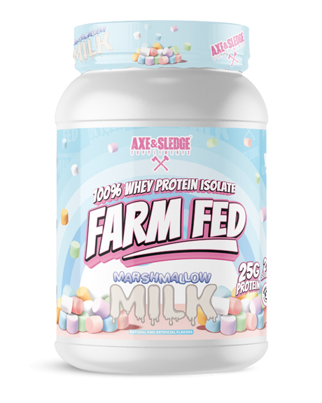 Farm Fed Protein Marshmallow Milk flavor front package showing creamy white marshmallow-themed protein powder container
