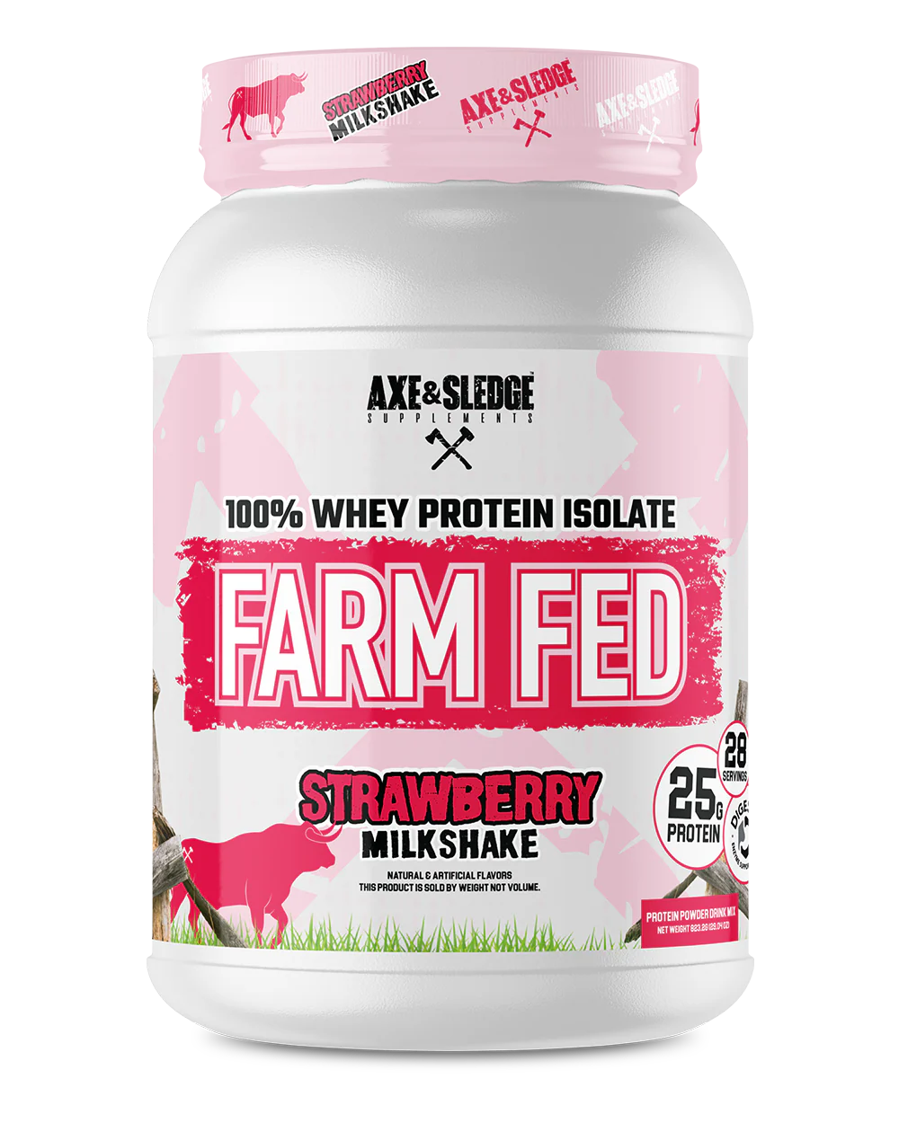 Farm Fed Protein Strawberry Milkshake flavor front package showing pink strawberry-themed protein powder container
