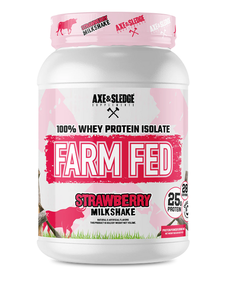 Farm Fed Protein Strawberry Milkshake flavor front package showing pink strawberry-themed protein powder container