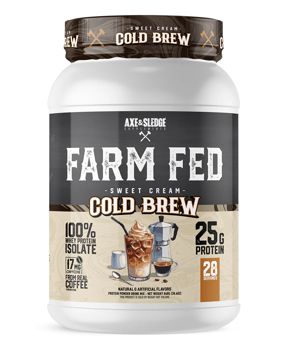 Farm Fed Protein Sweet Cream Cold Brew limited time flavor front package showing coffee-inspired protein powder container