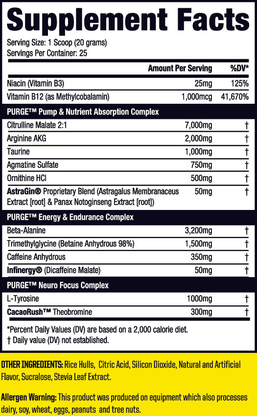Muscle Sport Purge PreV2 Pre Workout supplement facts label showing transparent dosing of Beta-Alanine, Betaine, and premium caffeine blend for enhanced workout performance.