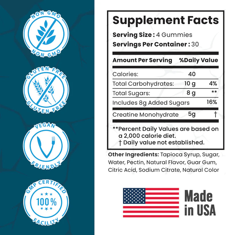 Smash creatine gummies nutrition facts panel showing 5g creatine monohydrate per 4 gummies serving - third party lab tested supplement facts label