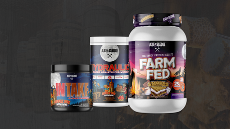 Full Product Lineup – Axe & Sledge Apple Pie Moonshine pre-workouts and Farm Fed S’mores protein