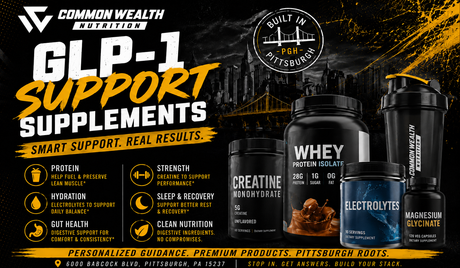 GLP-1 support supplements graphic for Common Wealth Nutrition in Pittsburgh featuring protein, creatine, electrolytes, magnesium, and hydration products with a black and gold Pittsburgh fitness theme.