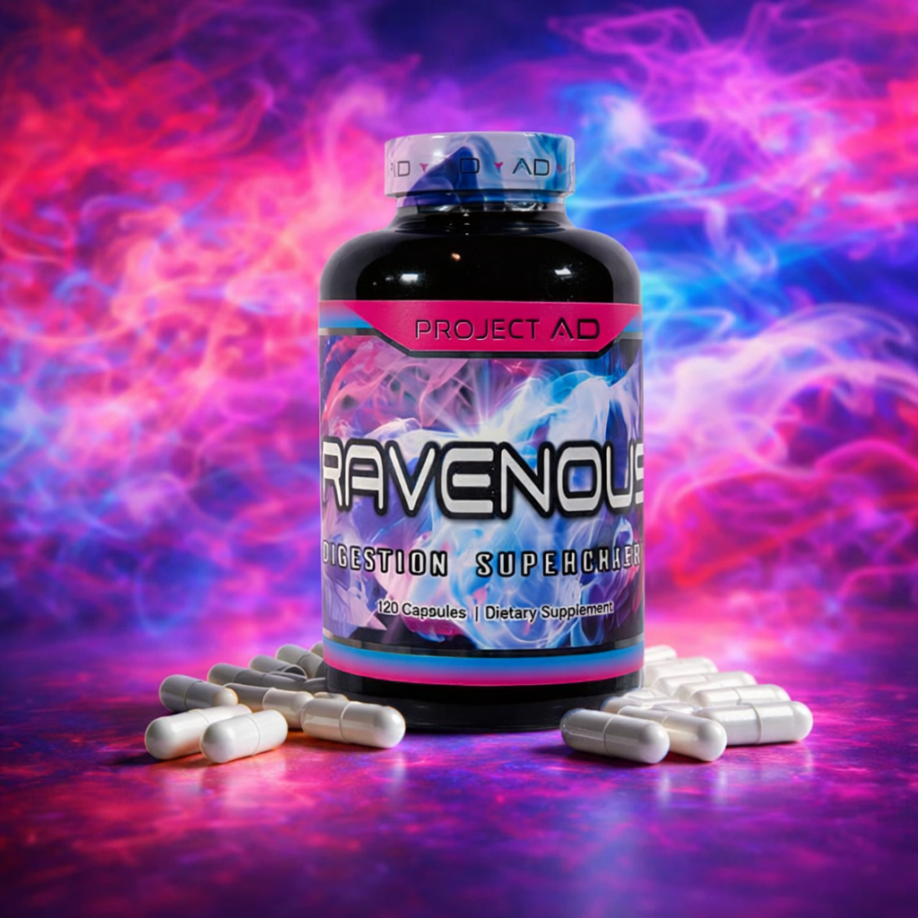 Project AD Ravenous appetite and digestive support supplement bottle with capsules, displayed on a vibrant colorful background, designed to support digestion, nutrient absorption, and muscle growth for hard gainers.