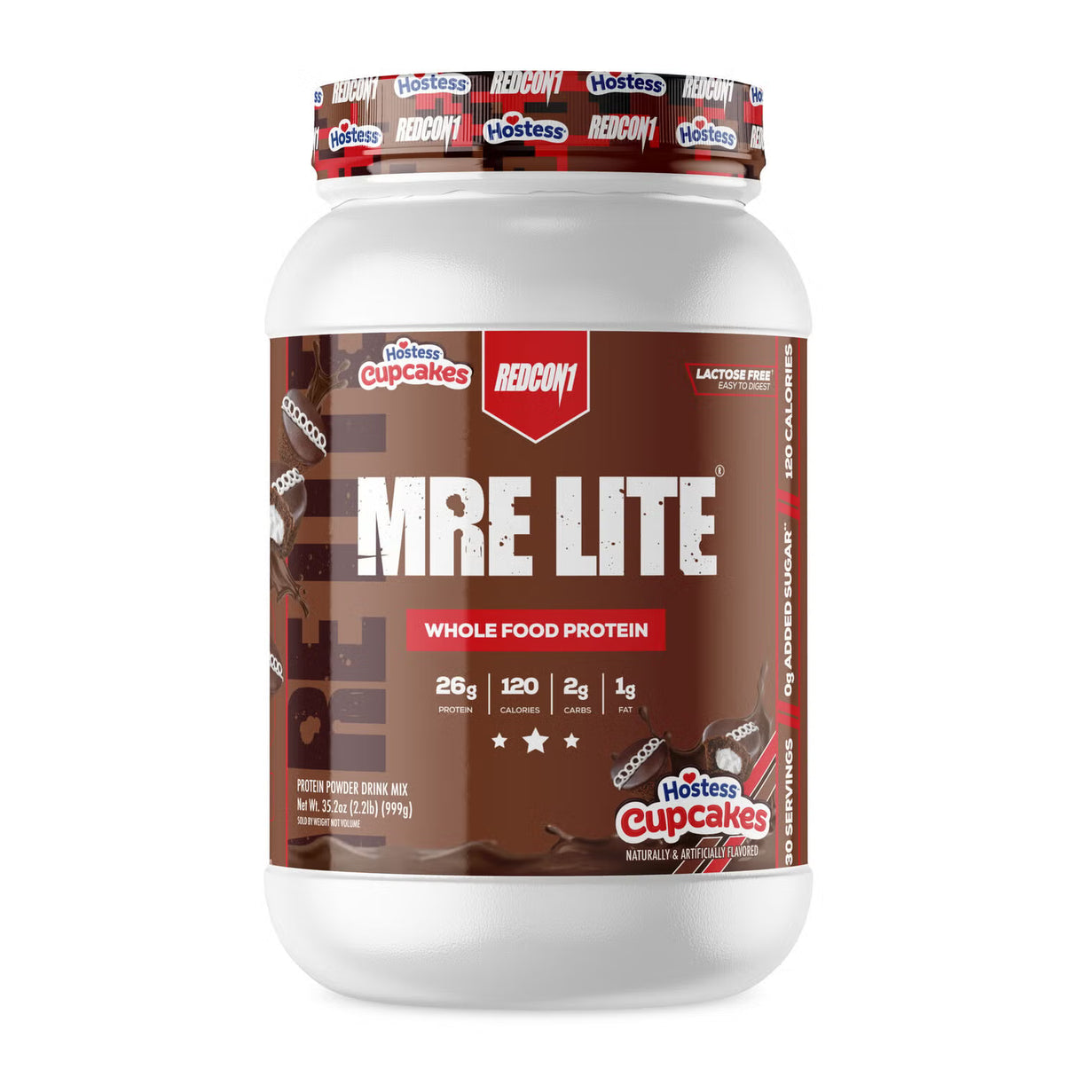Redcon1 MRE Lite Hostess Cupcakes protein powder with 24g whole food protein and low carb meal replacement formula.