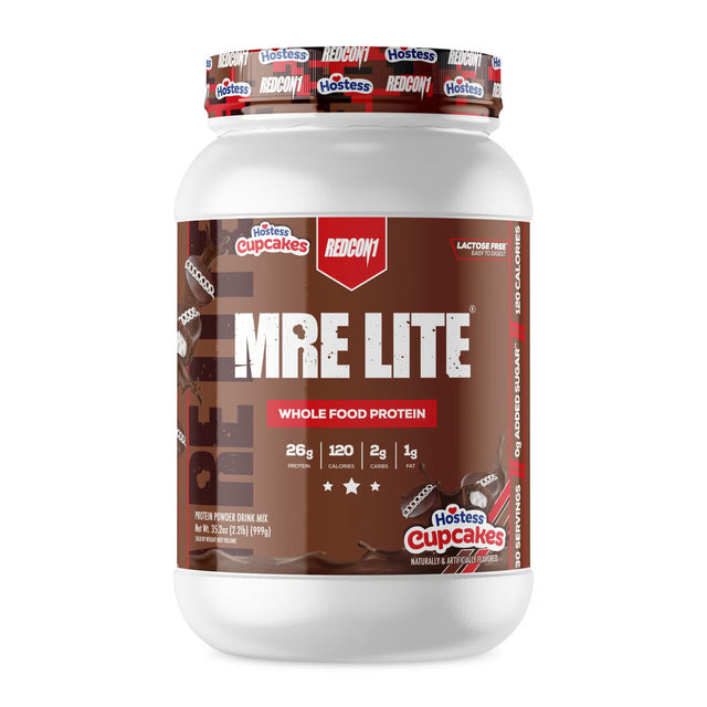 Redcon1 MRE Lite Hostess Cupcakes protein powder with 24g whole food protein and low carb meal replacement formula.