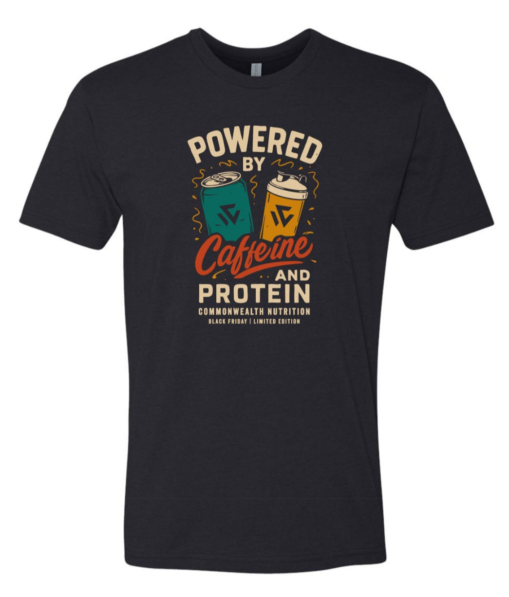 Black t-shirt with 'Powered by Caffeine and Protein' graphic design on a white background