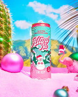 Alani Nu Winter Wonderland energy drink on beach showcasing refreshing zero sugar pre-workout for active lifestyle and fitness