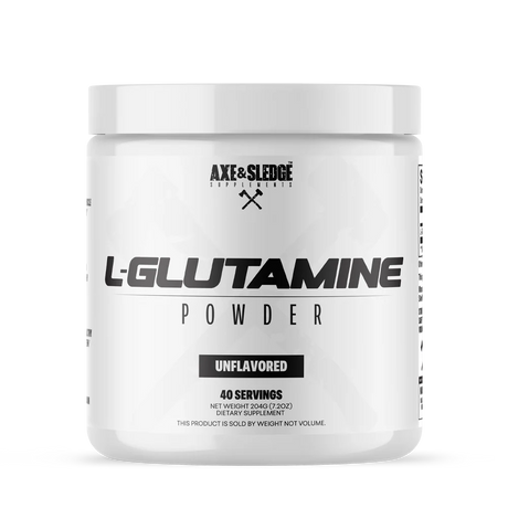 Container of L-Glutamine powder by Axx & Sledge on a white background