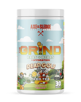Axe & Sledge The Grind BCAA EAA hydration supplement front container in Dead Golf Guy iced tea lemonade limited edition flavor showing golf-themed label design