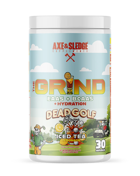 Axe & Sledge The Grind BCAA EAA hydration supplement front container in Dead Golf Guy iced tea lemonade limited edition flavor showing golf-themed label design