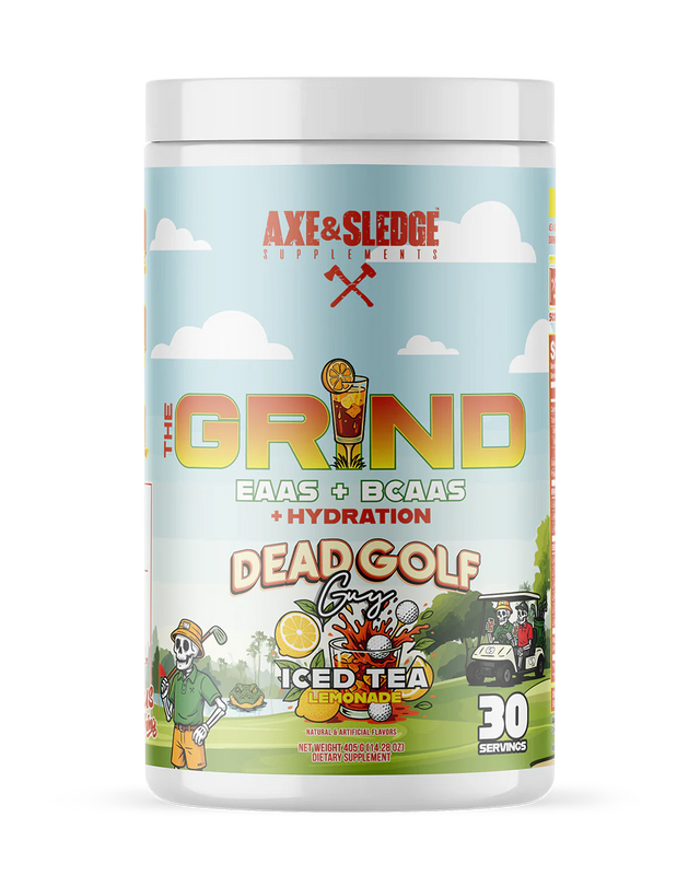 Axe & Sledge The Grind BCAA EAA hydration supplement front container in Dead Golf Guy iced tea lemonade limited edition flavor showing golf-themed label design