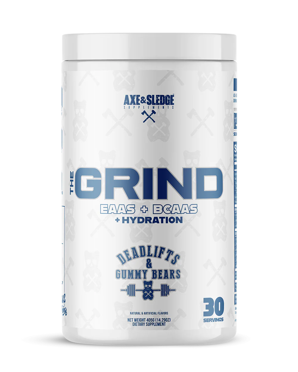 Axe & Sledge The Grind BCAA EAA hydration supplement front container in Dead Lifts and Gummy Bears flavor showing colorful label design
