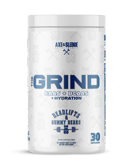 Axe & Sledge The Grind BCAA EAA hydration supplement front container in Dead Lifts and Gummy Bears flavor showing colorful label design