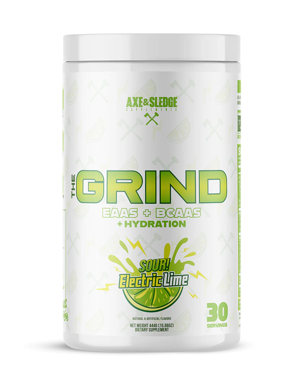 Axe & Sledge The Grind BCAA EAA hydration supplement front container in Electric Lime flavor showing bright green citrus-themed label design