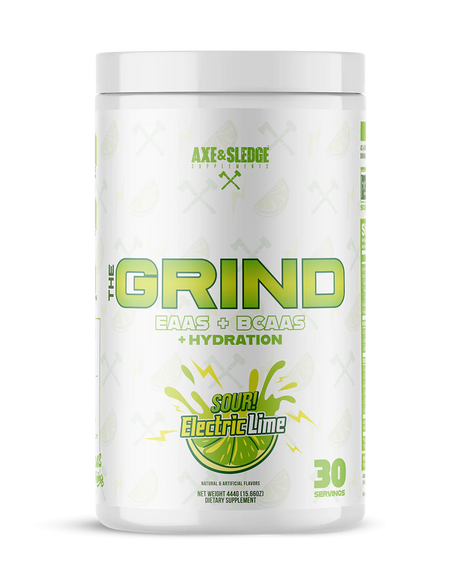 Axe & Sledge The Grind BCAA EAA hydration supplement front container in Electric Lime flavor showing bright green citrus-themed label design