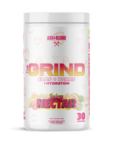 Axe & Sledge The Grind BCAA EAA hydration supplement front container in Juicy Nectar flavor showing vibrant tropical-themed label design