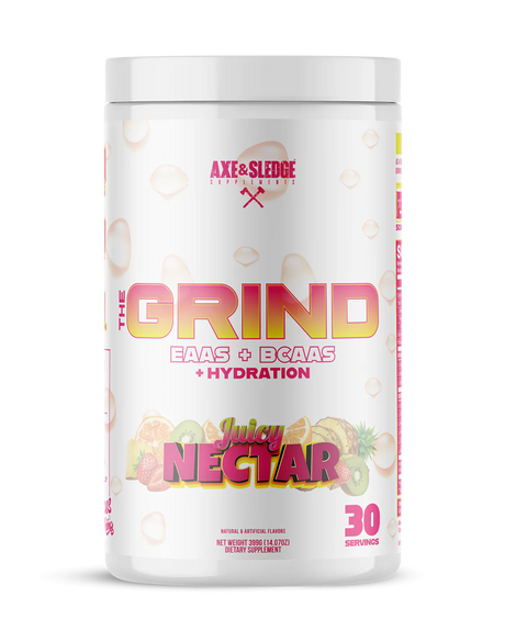 Axe & Sledge The Grind BCAA EAA hydration supplement front container in Juicy Nectar flavor showing vibrant tropical-themed label design