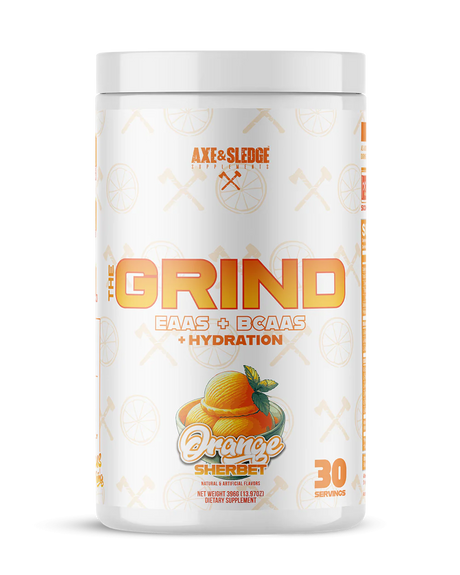 Axe & Sledge The Grind BCAA EAA hydration supplement front container in Orange Sherbet flavor showing orange-themed creamy dessert label design