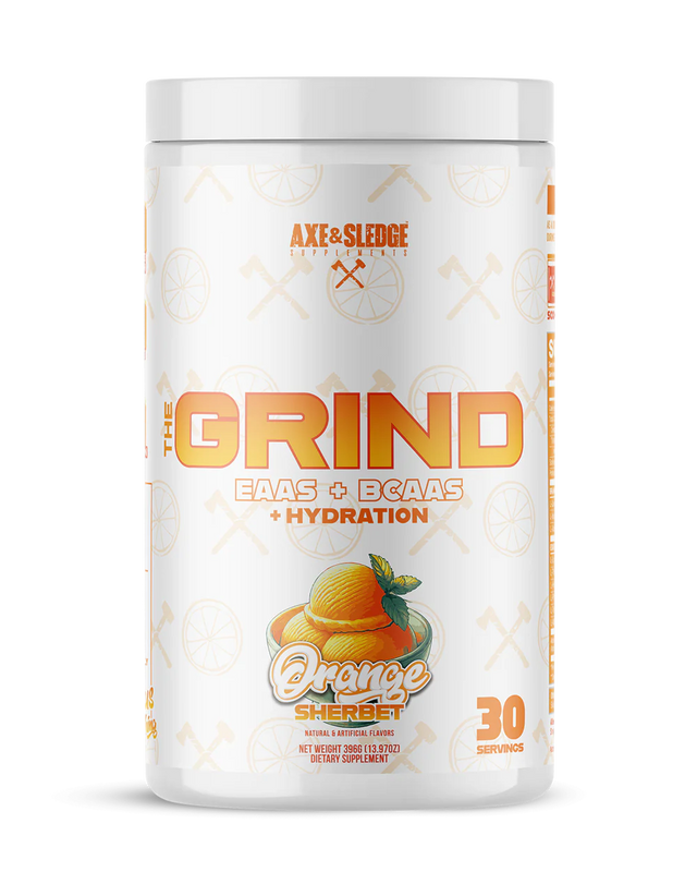 Axe & Sledge The Grind BCAA EAA hydration supplement front container in Orange Sherbet flavor showing orange-themed creamy dessert label design