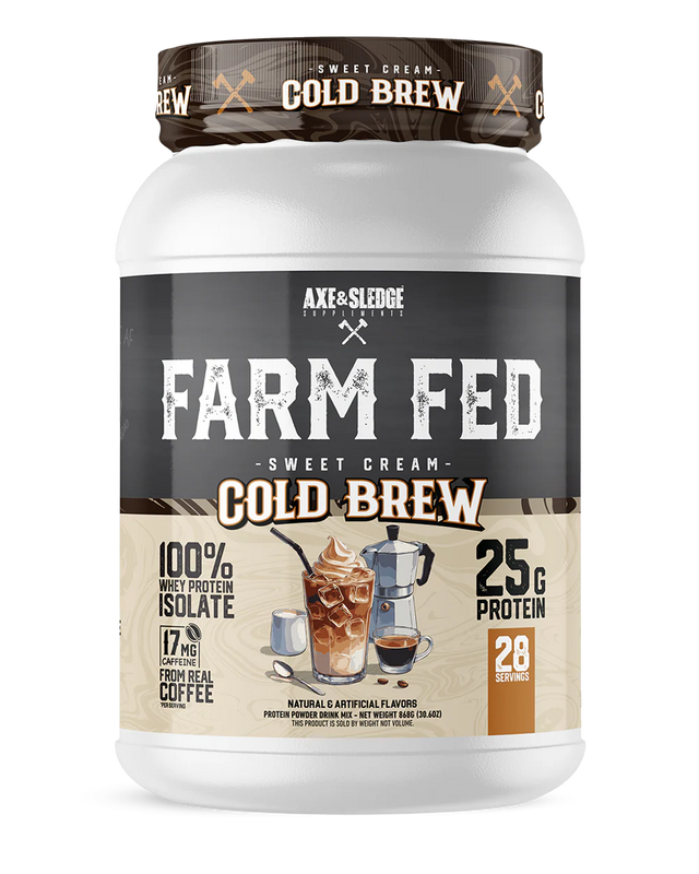 Farm Fed Protein Sweet Cream Cold Brew limited time flavor front package showing coffee-inspired protein powder container