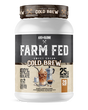 Farm Fed Protein Sweet Cream Cold Brew limited time flavor front package showing coffee-inspired protein powder container