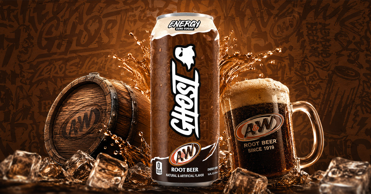 GHOST Energy A&W Root Beer zero sugar 16 oz can with an A&W barrel and a frosted mug of root beer.
