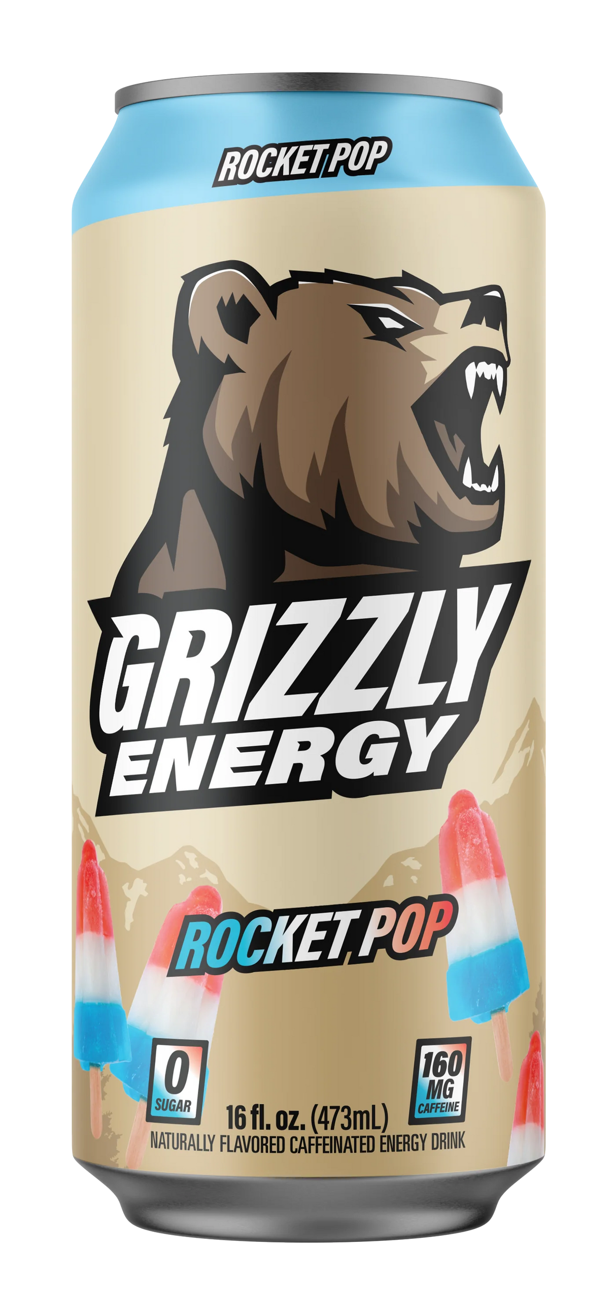 Grizzly Energy drink rocket pop flavor can - premium energy beverage with crisp clean finish and no artificial colors or flavors