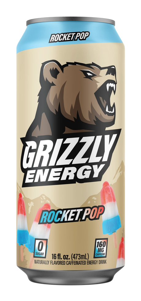 Grizzly Energy drink rocket pop flavor can - premium energy beverage with crisp clean finish and no artificial colors or flavors