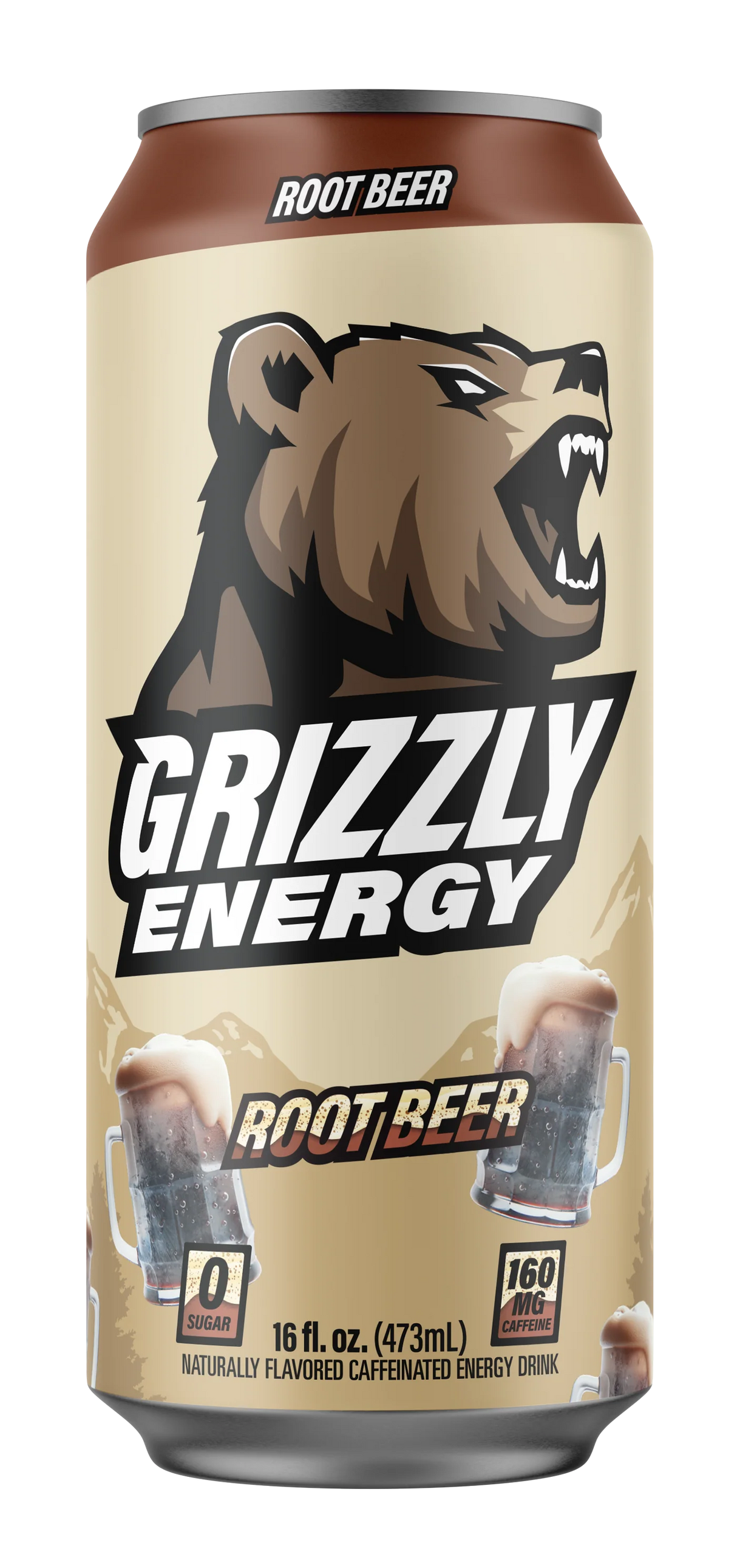 Grizzly Energy drink root beer flavor can - premium natural energy beverage with no artificial colors flavors and clean finish taste