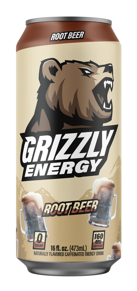 Grizzly Energy drink root beer flavor can - premium natural energy beverage with no artificial colors flavors and clean finish taste