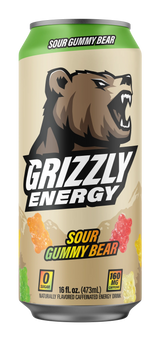 Grizzly Energy drink sour gummy bear flavor can - natural energy beverage with authentic taste and no artificial aftertaste