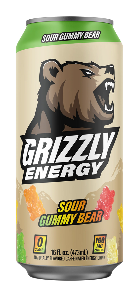 Grizzly Energy drink sour gummy bear flavor can - natural energy beverage with authentic taste and no artificial aftertaste