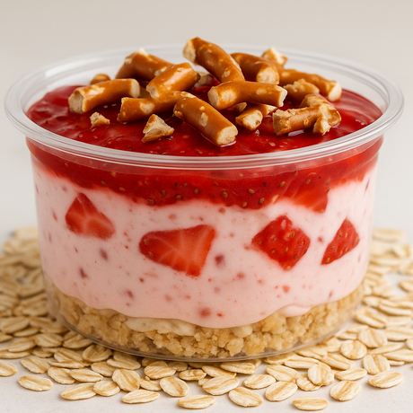Strawberry dessert with pretzels in a clear container on a light background