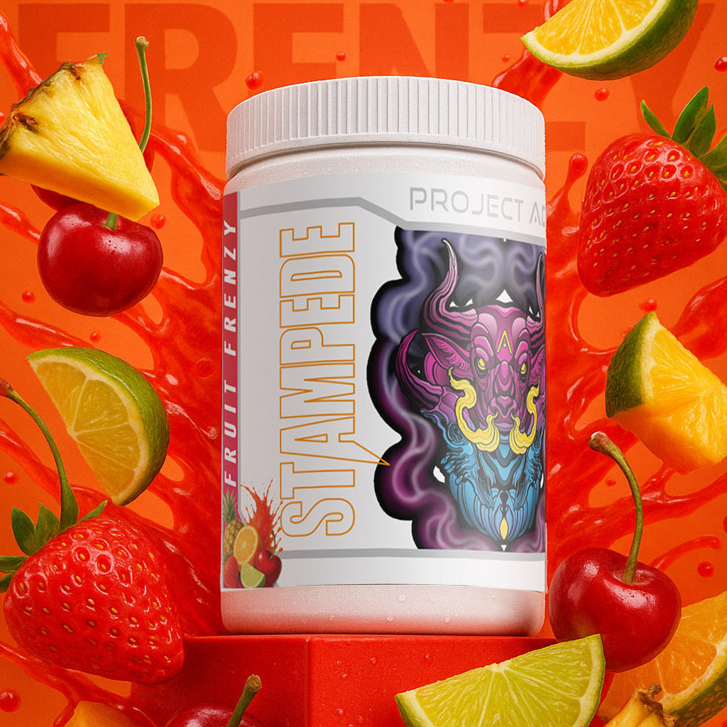 Supplement container with colorful fruit graphics on an orange background