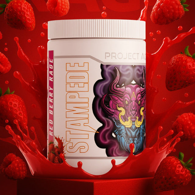 Container labeled 'Red Berry Rage' with strawberries on a red background