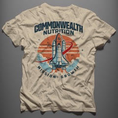 Beige t-shirt with 'Commonwealth Nutrition' graphic design on a gray background